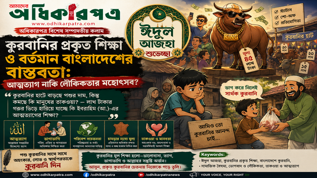 আজ ত্যাগ, মহিমা ও উৎসবের ঈদুল আজহা  — কুরবানির প্রকৃত শিক্ষা ও বর্তমান বাংলাদেশের বাস্তবতা: আত্মত্যাগ নাকি লৌকিকতার মহোৎসব?